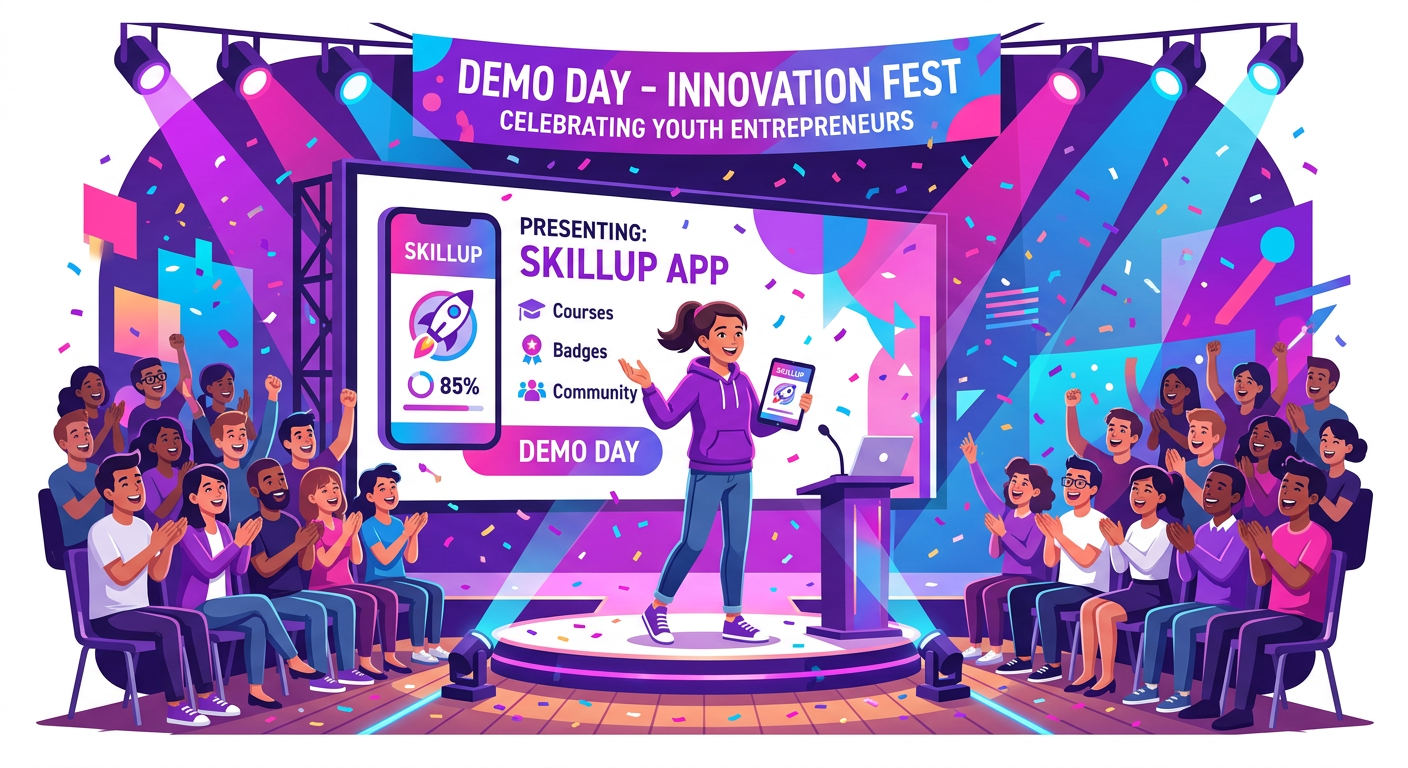 A teen presenting their app to an audience on Demo Day