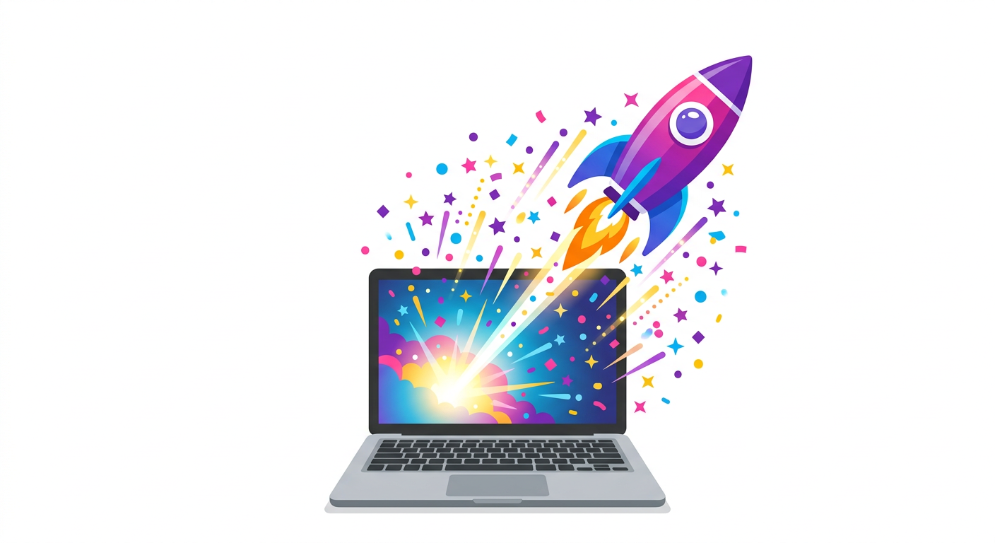 Rocket launching from a laptop representing the launch preparation phase