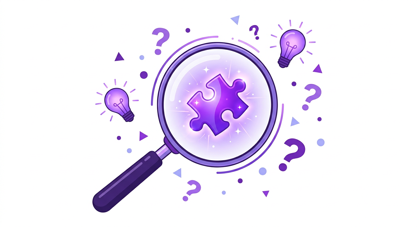 Magnifying glass examining a puzzle piece — representing the skill of problem finding